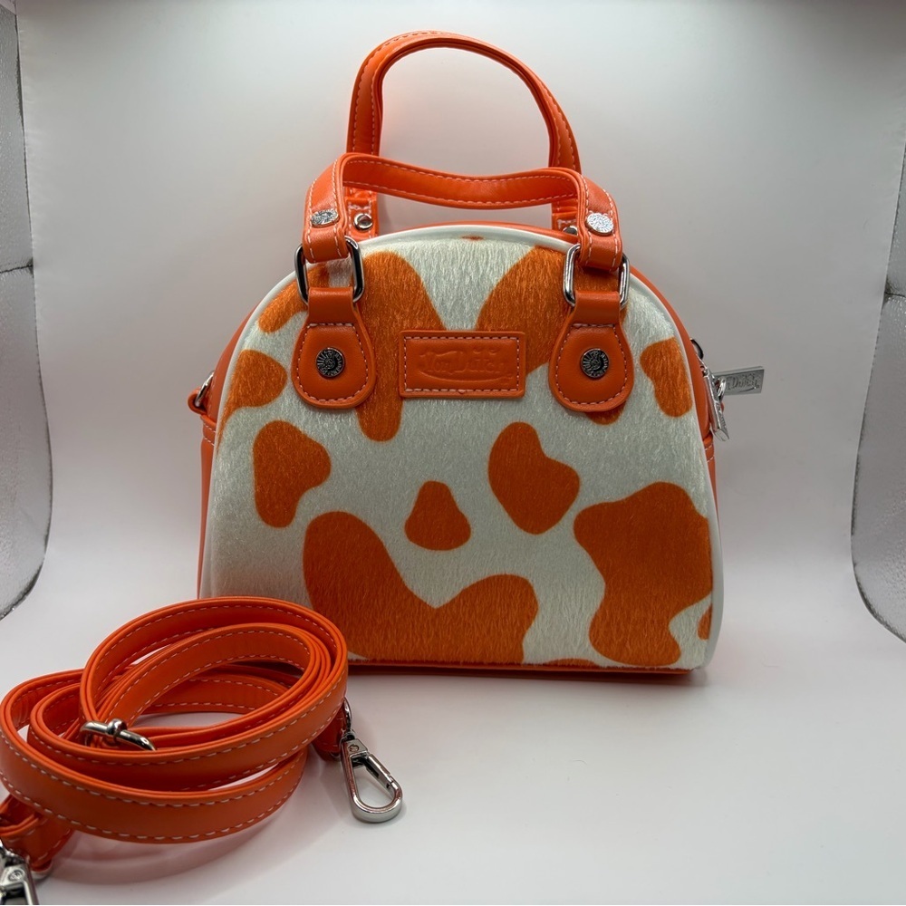 Von Dutch Orange & White Cowprint Mini Satchel with Teal Logo - Picture 2 of 4